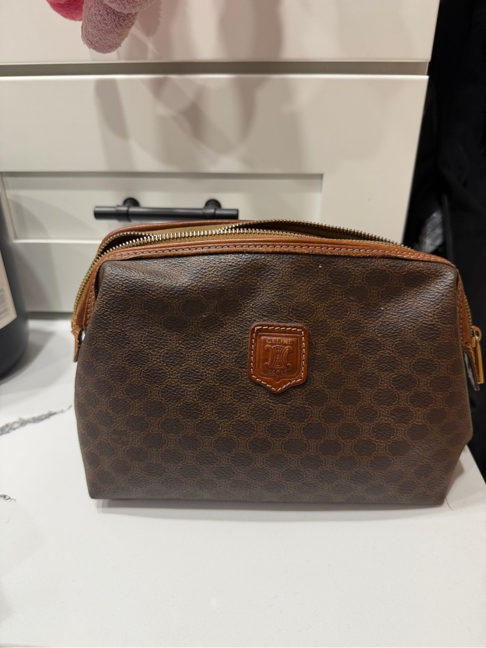 Celine Women’s Brown Monogram Toiletry Pouch with Tan Trim